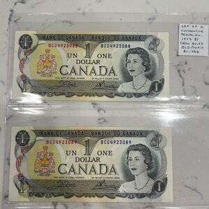 Canada 1973 $1 Dollar Banknotes – Crow–Bouey – BC Prefix – Consecutive Serial #